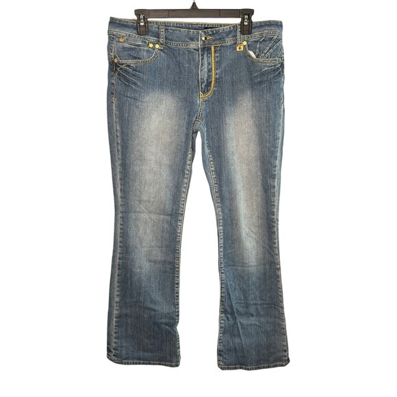 Akademiks Women's Y2K Distressed Bootcut Denim Jeans Yellow Stitching Size 36 - Picture 1 of 13